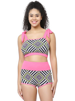 Cukoo - Padded Pink Geometric Two Piece Tankini Swimwear (Set of 2)