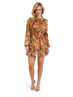 Guess Brown Polyester Printed Mini Dress with Belt (Set of 2)