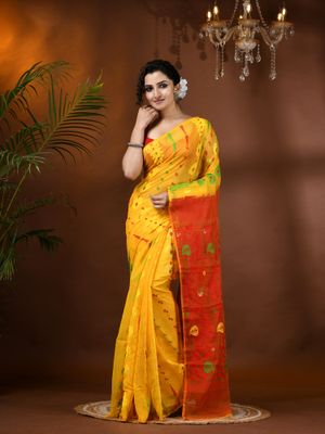 DESH BIDESH Yellow Resham Dhakai Jamdani Cotton Handloom Jamdani Saree without blouse