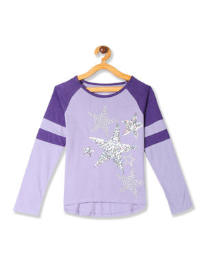 purple and white raglan shirt