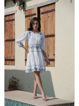 CUSTARD - White & Blue Embroidered Dress