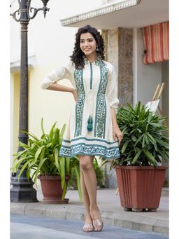 CUSTARD - Beige & Green Embroidered Dress