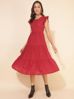 CUSTARD - Red Cotton Textured Solid Tired Western Dress
