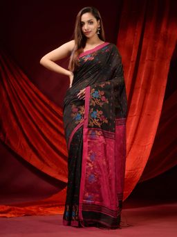 CHARUKRITI - Black Blended Cotton Handwoven Ethnic Motifs & Floral Border Saree with Unstitched Blouse