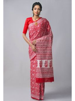 Unnati Silks - Red Pure Block Printed Mulmul Cotton Saree with Unstitched Blouse