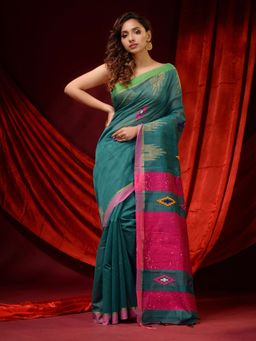 CHARUKRITI - Cerulean Blue Cotton Silk Ethnic Motifs and Sequin Pallu Saree with Unstitched Blouse