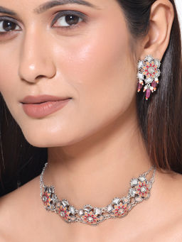 Voylla - Silver Thikri Enamelled Floral Motifs Necklace With Earring (Set of 2)