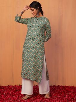 Indya - Green Boota Print Embroidered Straight Kurta