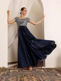 Miss Chase - Luxe Womens Navy Blue Sweetheart Satin Maxi Dress
