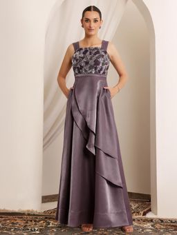 Miss Chase - Luxe Womens Dusty Purple Square Neck Satin Maxi Dress