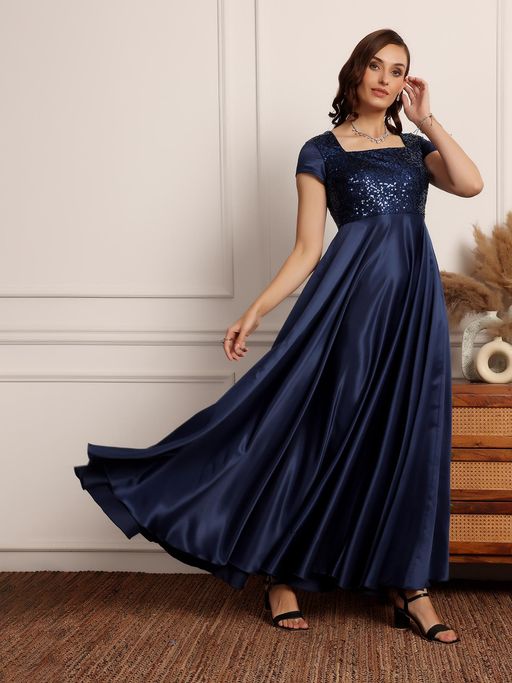 slim fit dress slacks Women's Navy Blue Square Neck Short Sleeve Embellished Polyester Fit & Flare  Maxi Dress main image 1