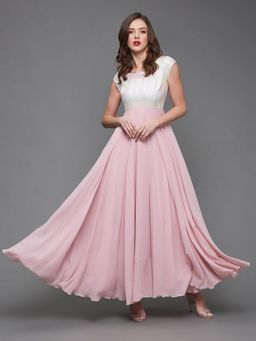 Miss Chase - Womens Dusty Pink Round Neck Fit and Flare Georgette Maxi Dress