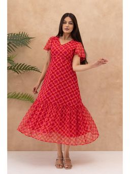 Polago Clothing - Red Chiffon Geometric Midi Dress