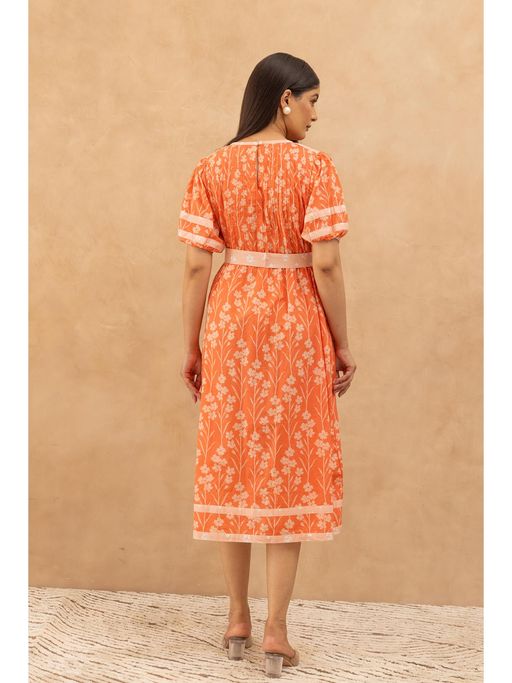 Buy Polago Clothing Orange Pintuck Cotton Midi Dress (XS) Online