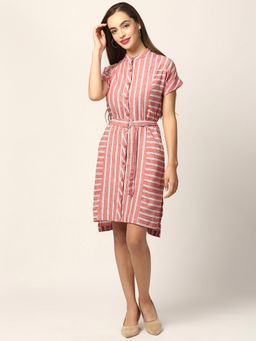 ELLE - Coral Striped Mandarin Neck Dress