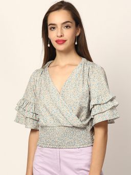 ELLE - Multi Print Printed V-Neck Top