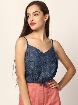ELLE - Navy Printed Shoulder Strip Top
