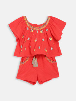 Blue Giraffe - Red Embroidered Jumpsuits