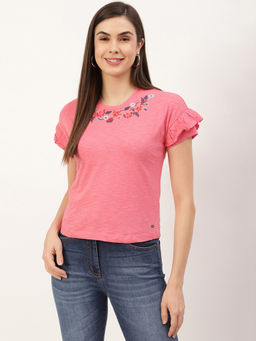ELLE - Women Pink Solid T-Shirt