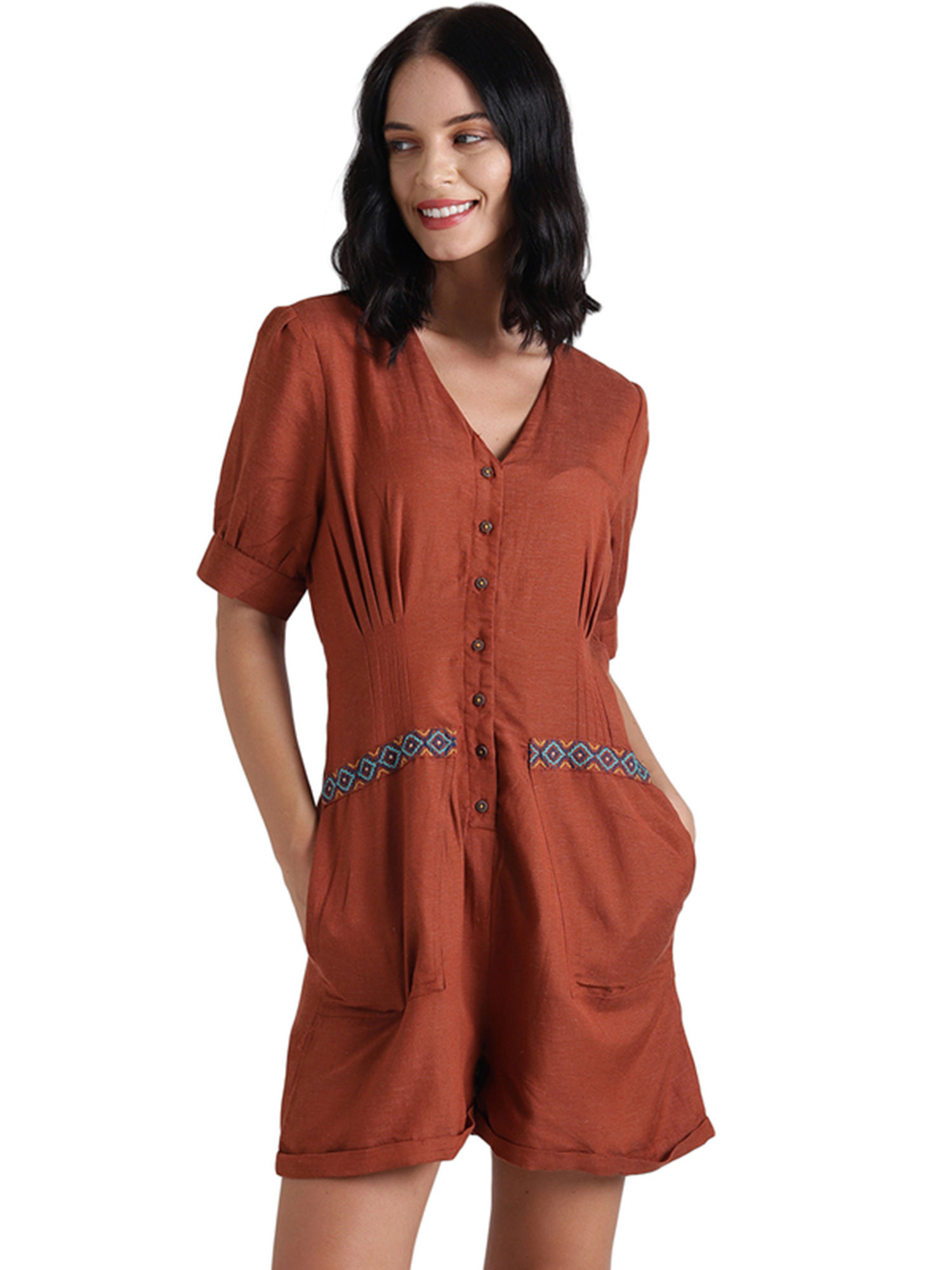 Chumbak Tucks \u0026 Pockets Brown Playsuit 