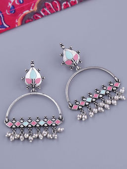 Voylla - Brass Silver Oxidised Multicolor Embellished Dangler Earrings with Silver Beads