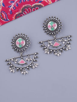 Voylla - Silver Oxidised Half Moon Design Multicolor Dangler Earrings