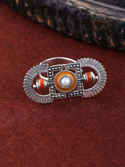 Voylla - Oxidised Silver Tribal Motif Colorful Statement Finger Ring Adjustable