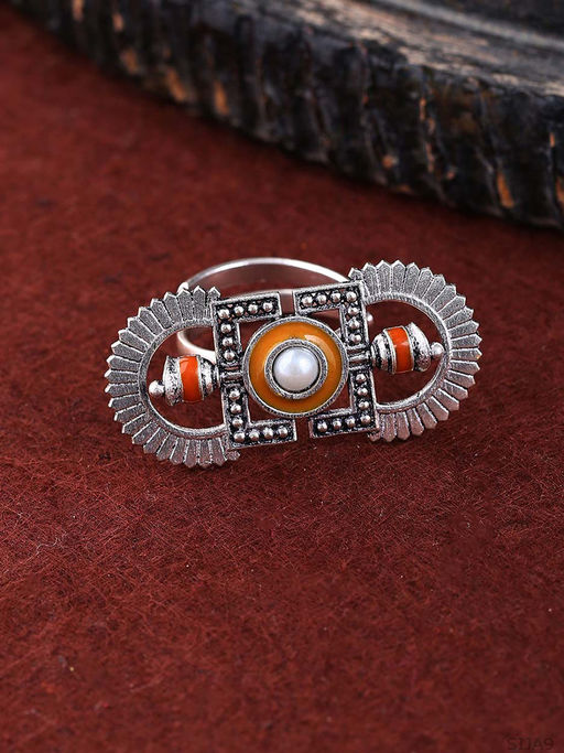 Voylla Oxidised Silver Tribal Motif Colorful Statement Finger Ring Adjustable