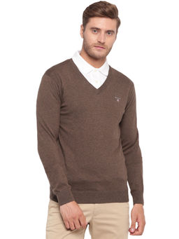 GANT - Brown Plain V-Neck Sweater