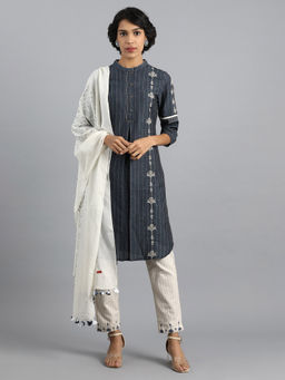 W - Navy Blue Mandarin Neck Printed Kurta