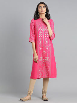 W - Pink Mandarin Neck Printed Kurta