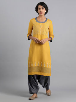 W - Mustard Round Neck Embroidered Kurta