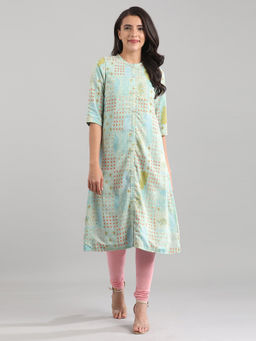 Aurelia - Green Band Collar Printed Reversible Kurta