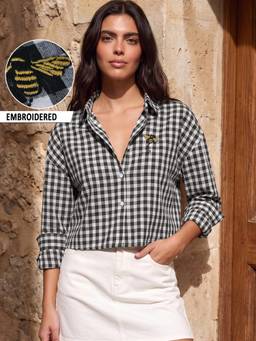 Bewakoof - Women Black and White Checked Oversized Crop Shirt