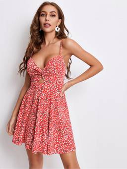 AAHWAN - Red Polyester A-Line Shoulder Straps Sleeveless Floral Dress