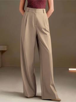 MULVARI - Beige Polyester High Waist Wide Solid Korean Baggy Trouser