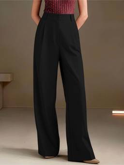 MULVARI - Black Polyester High Waist Wide Solid Korean Baggy Trouser
