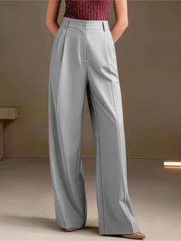 MULVARI - Grey Polyester High Waist Wide Solid Korean Baggy Trouser