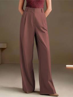 MULVARI - Mauve Polyester High Waist Wide Solid Korean Baggy Trouser