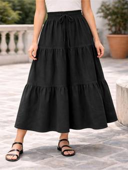 AAHWAN - Black Polycotton Maxi Solid Tiered Ruched Elastic Waist Skirt