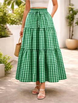 AAHWAN - Green Polycotton Ghingham Checks Tiered Ruched Elastic Waist Skirt