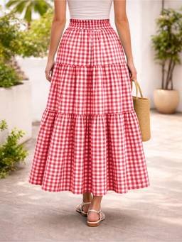 AAHWAN - Red Polycotton Ghingham Checks Tiered Ruched Elastic Waist Skirt