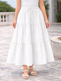 AAHWAN - White Polycotton Maxi Solid Tiered Ruched Elastic Waist Skirt