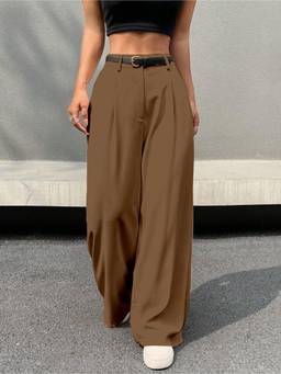 AAHWAN - Brown High Waist Polyester Wide Leg Korean Solid Trouser