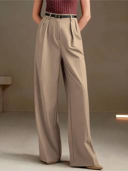 MULVARI - Beige High Waist Polyester Wide Leg Korean Solid Trouser