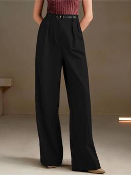 MULVARI - Black High Waist Polyester Wide Leg Korean Solid Trouser