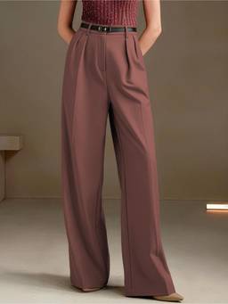 MULVARI - Mauve High Waist Polyester Wide Leg Korean Solid Trouser