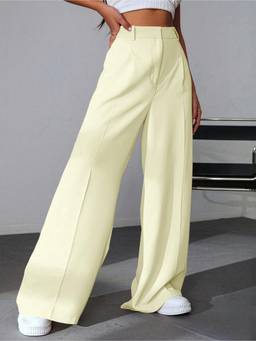 AAHWAN - Yellow High Waist Polyester Wide Leg Korean Solid Trouser