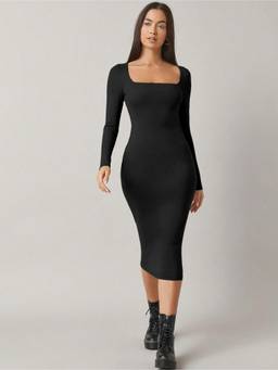 AAHWAN - Black Polyester Bodycon Square Neck Full Sleeves Solid Dress