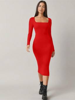 AAHWAN - Red Polyester Bodycon Square Neck Full Sleeves Solid Dress